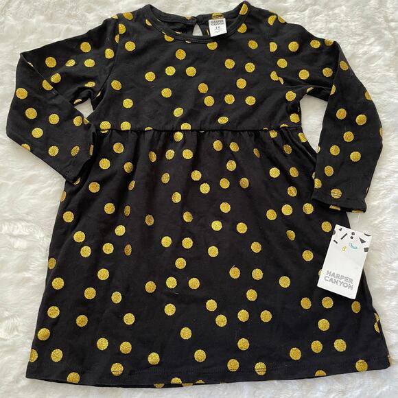 Harper Canyon Black Gold Sparkle Polk A Dot Long Sleeve New Dress Baby 18 Months - Picture 2 of 6